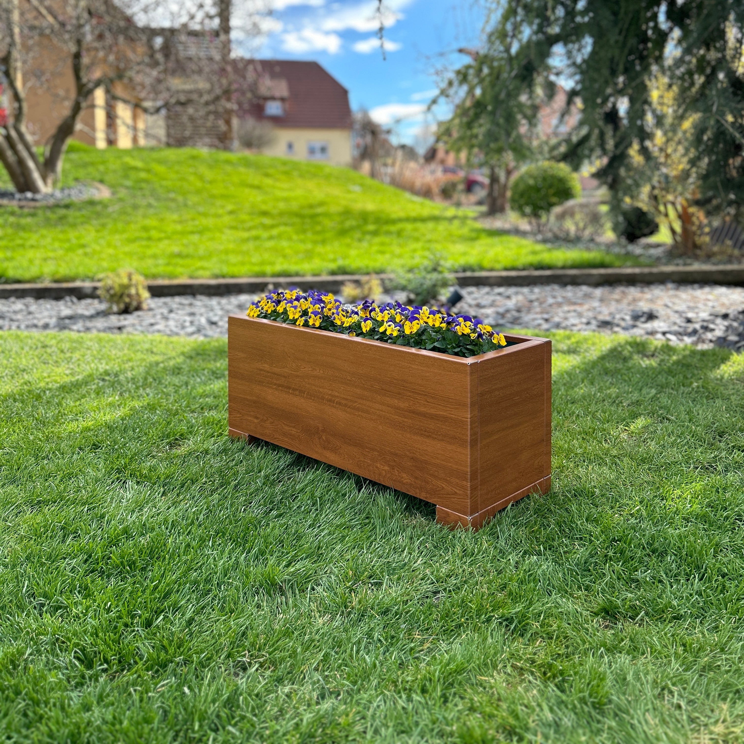 Jardinière extérieure en aluminium – bac à plantes – Chêne doré – taille L – double fond et pieds